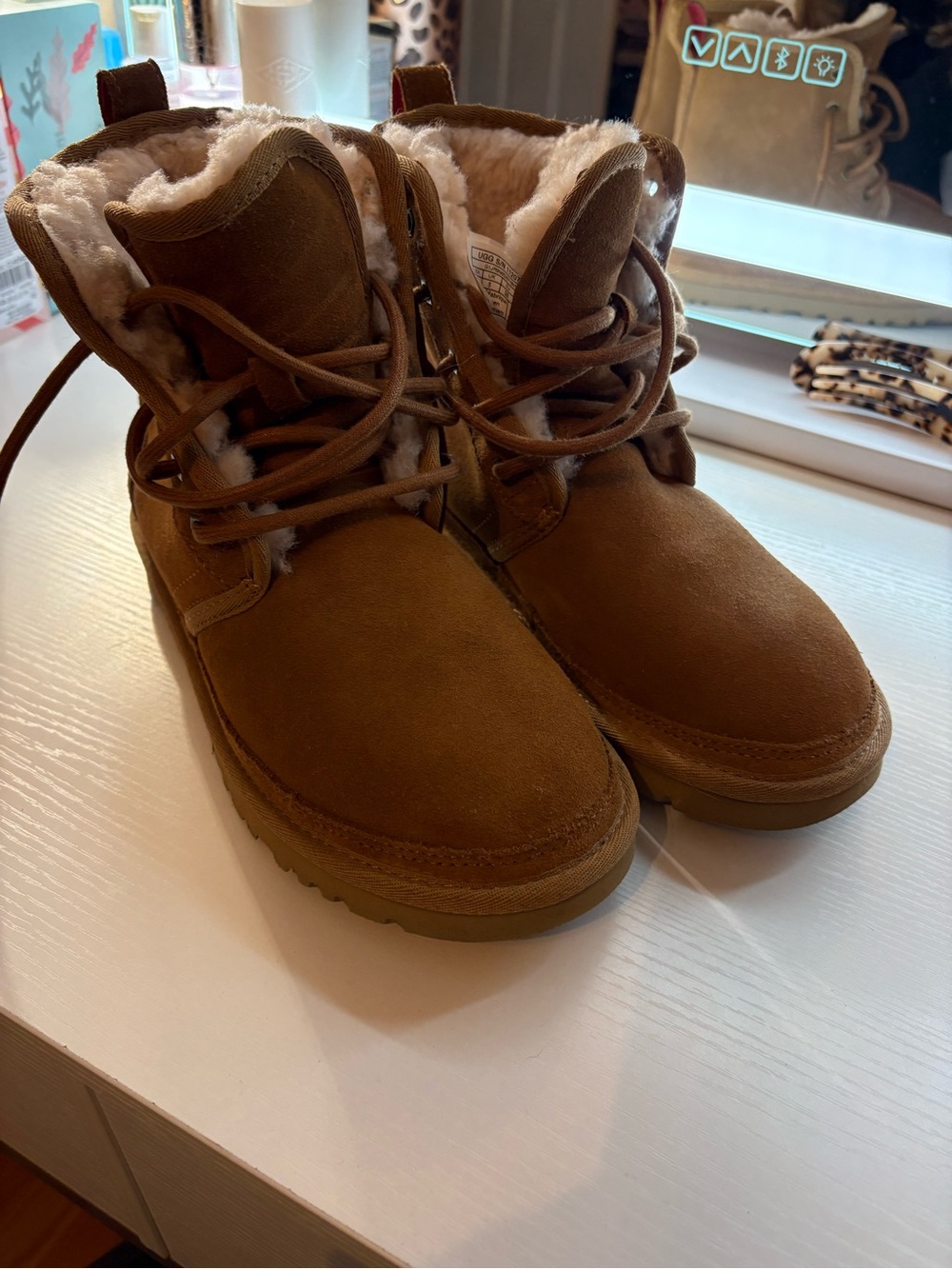 UGG women’s neumel Chestnut Suede Lace-Up Shearling Boots